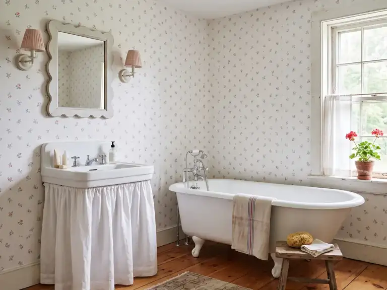 Medium cottage bathroom with white wallpaper of tiny pink rosebuds and blue sprigs, a wall-hung sink with a gathered linen skirt and a scalloped white mirror