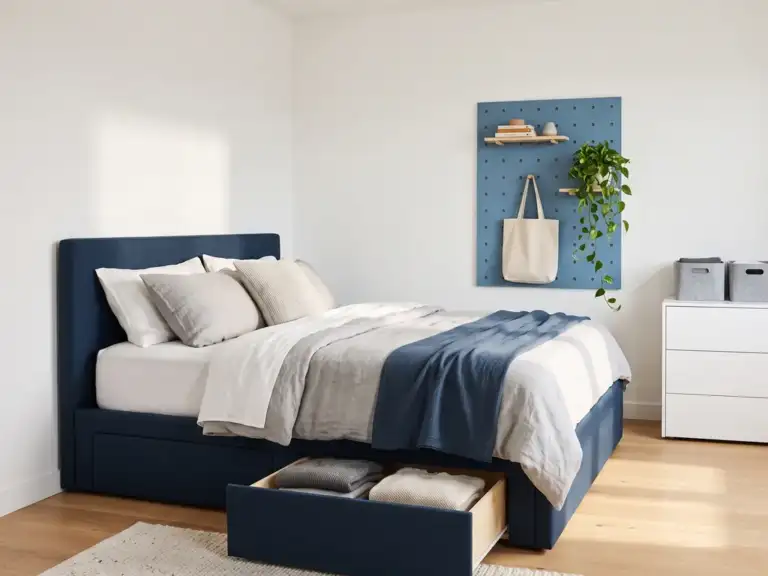 Medium modern bedroom with an inky blue upholstered storage bed with deep drawers, a blue pegboard with a shelf and plant, and a dresser with gray fabric bins
