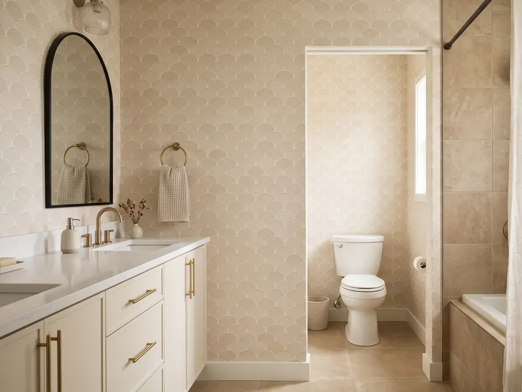 Medium modern bathroom with beige and ivory scallop wallpaper, a cream single vanity, a thin black arched mirror and a ribbed glass sconce above it