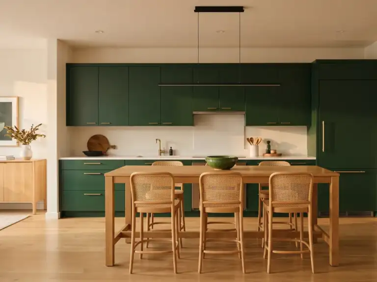 Medium modern kitchen with a wall of bottle green flat cabinets and a long oak island parallel to it with three cane-back stools under a black linear pendant