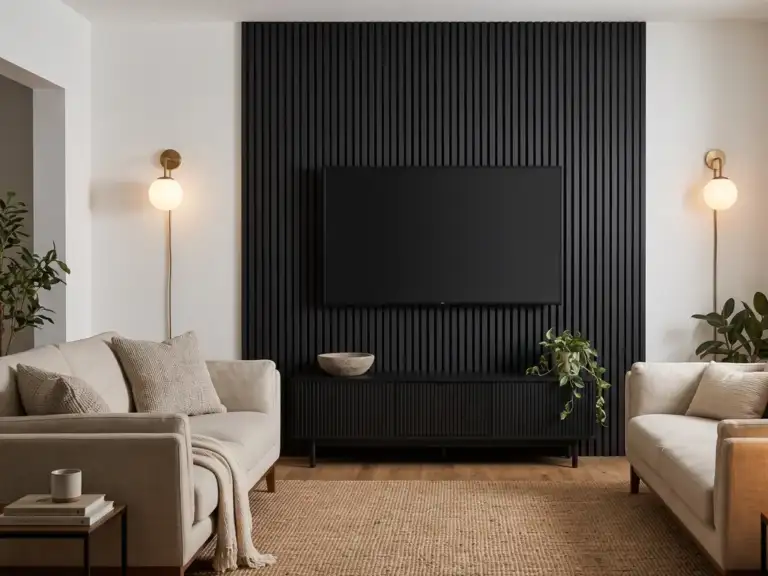Medium modern living room with a matte black vertical slat panel behind a switched-off TV, a low fluted black console, two glowing wall sconces and an oatmeal sofa