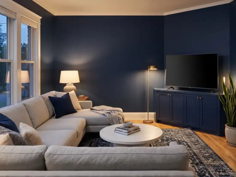 Medium modern living room with navy walls, a switched-off TV on a navy corner cabinet angled across the corner and a light gray L-shaped sofa facing it diagonally