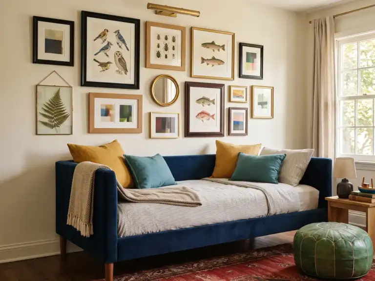 Medium eclectic boys bedroom with a salon gallery wall of mixed frames showing birds, beetles and abstract prints above a navy daybed, a red kilim rug and a green pouf