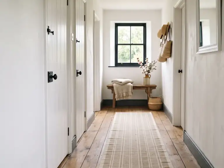 Narrow farmhouse hallway with white walls, wide oak floors and a long beige and cream striped wool runner leading to a small wooden bench at the far end.