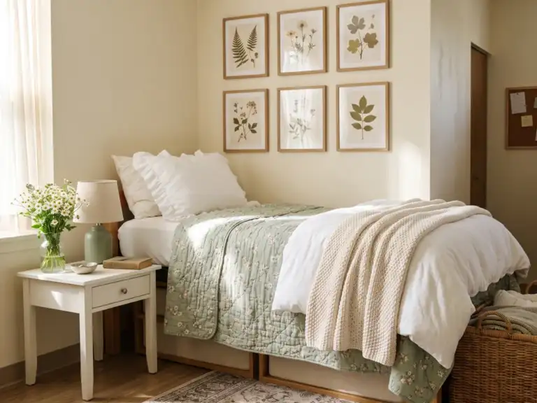 Cottage dorm room with six framed pressed-flower prints above a twin XL bed in sage green floral bedding, a ruffled white pillow sham and a wicker basket.