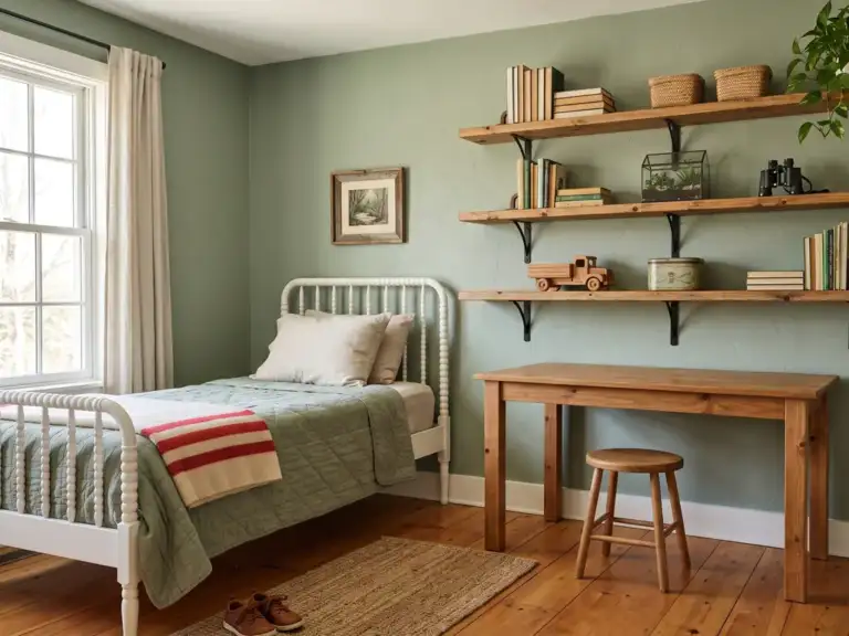 Large farmhouse boys bedroom with sage green walls and three knotty pine shelves on black brackets above a pine desk, styled with books, baskets and a pothos