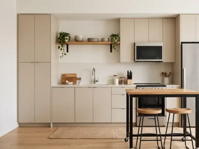 One-wall studio kitchen with sand beige flat cabinets, an oak-topped rolling cart as a mini island with two backless stools and a small jute rug marking the kitchen zone
