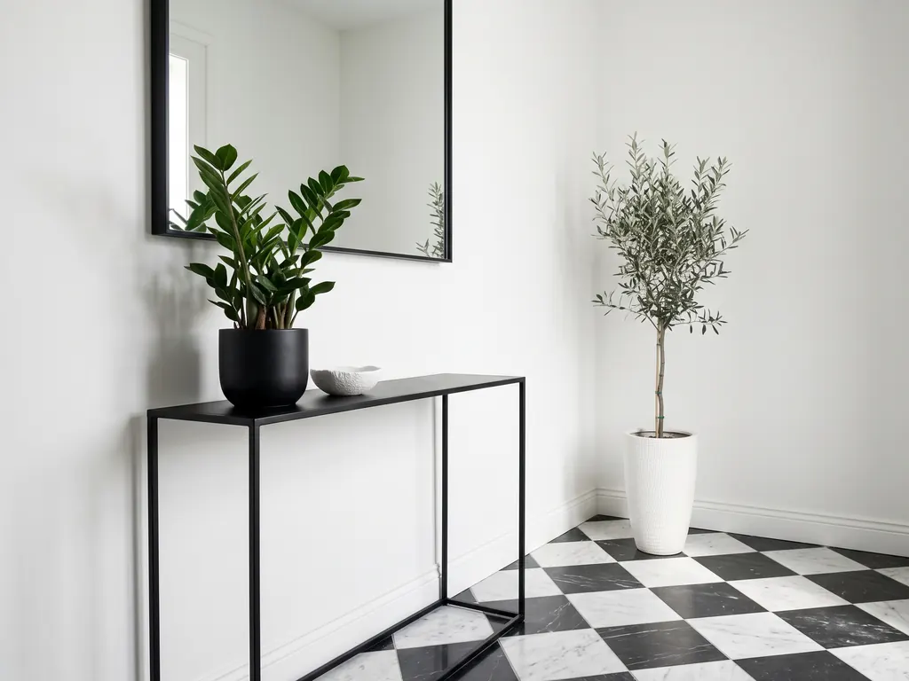 Small modern entryway with a black and white checkerboard floor, white walls, a slim black console, a potted olive tree in a white planter and a ZZ plant