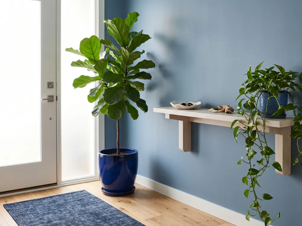 Small modern entryway with dusty blue walls, a tall fiddle leaf fig in a cobalt planter, a slim white console with a trailing pothos and a navy runner