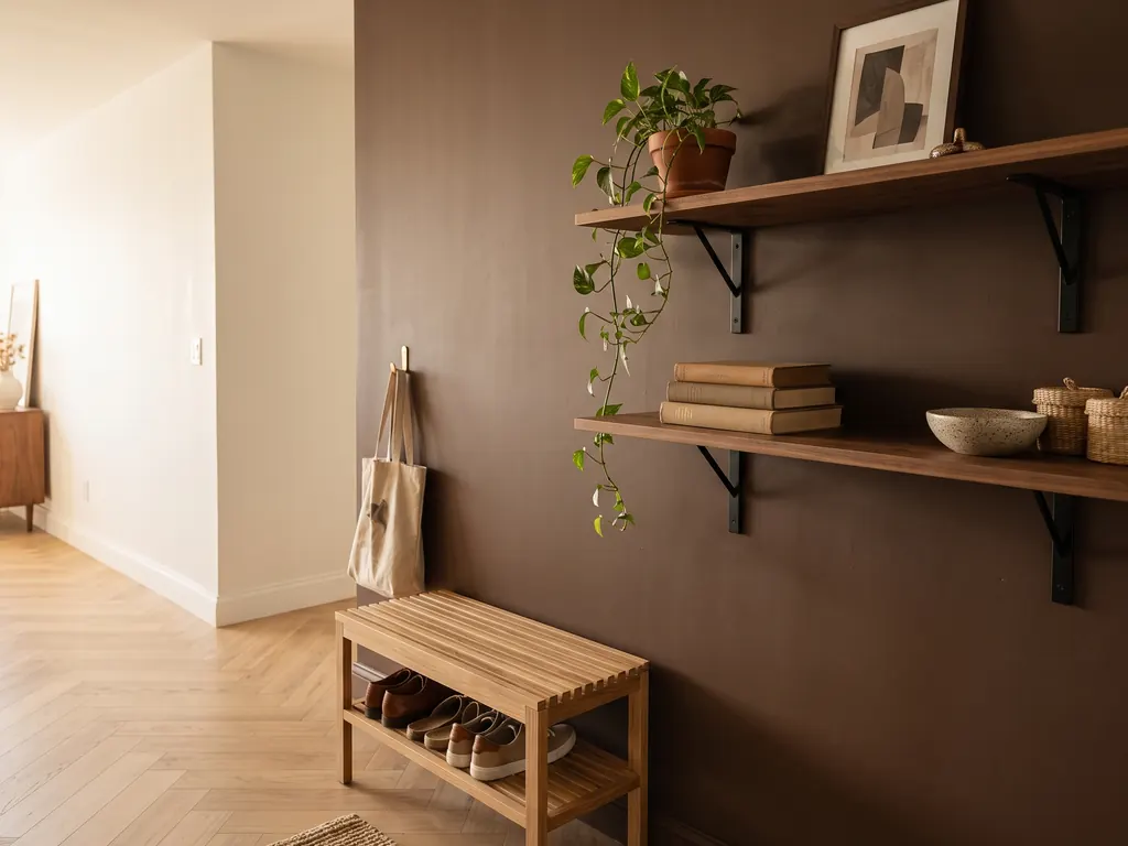 Small modern entryway with a chocolate brown wall and two walnut shelves on black brackets styled with a key bowl, plain books, a plant and woven baskets