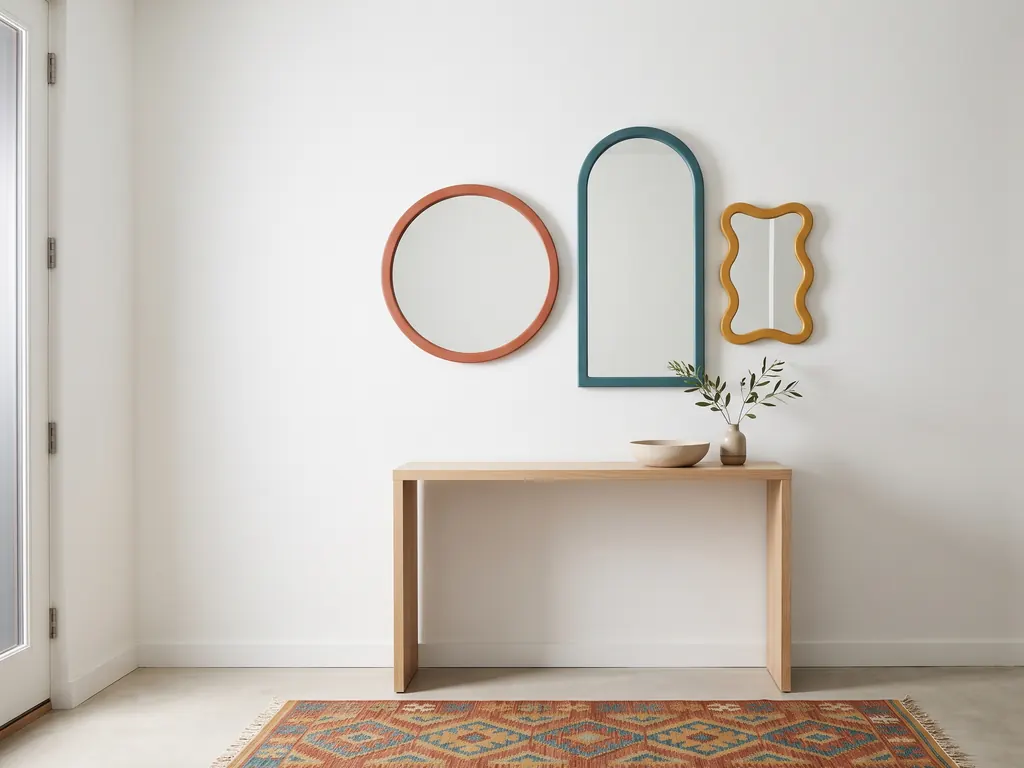 Small modern entryway with three mirrors in terracotta, teal and mustard frames of different shapes clustered above a white oak console and a multicolor runner