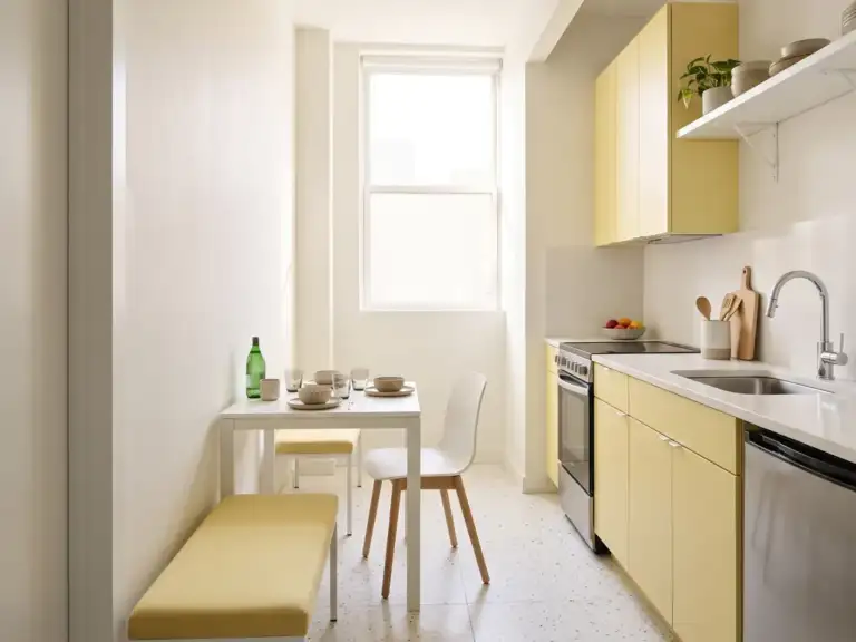 Narrow one-wall modern kitchen with lemon yellow flat cabinets and white counters, facing a small white square table with a yellow upholstered bench and one white chair