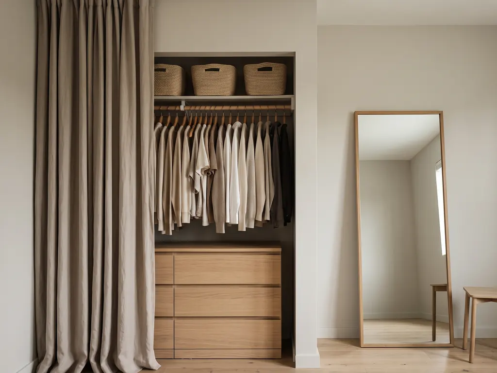 Small modern reach-in closet with doors removed, a low oak dresser under a short hanging rod, a linen curtain pulled aside and a leaning floor mirror beside it