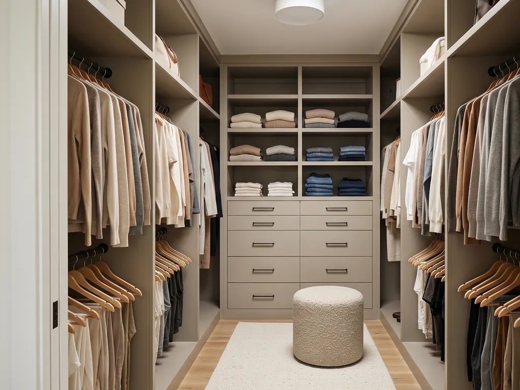 Small modern walk-in closet in a U-shaped layout with greige cabinetry, hanging rods on both sides, drawers at the back and a round oatmeal ottoman in the center