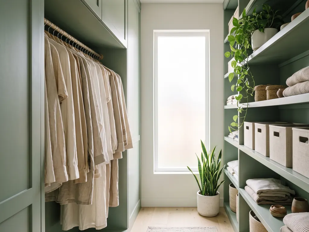 Small modern closet with sage green shelves and a hanging rod, a trailing pothos spilling from the top shelf, a snake plant on the floor and linen storage boxes