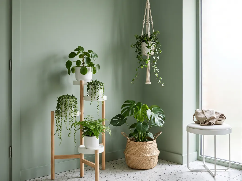 Small modern entryway with sage green walls, a three-tier wooden plant stand of small potted plants, a monstera in a woven basket and a hanging planter