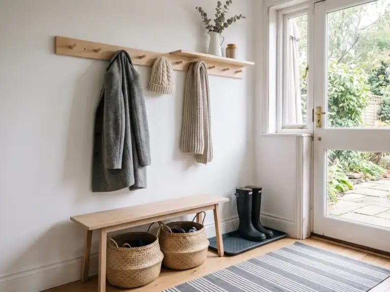 Narrow white mudroom wall beside a back door with a birch peg rail, a slim oak bench, two woven baskets underneath and a striped cotton runner.