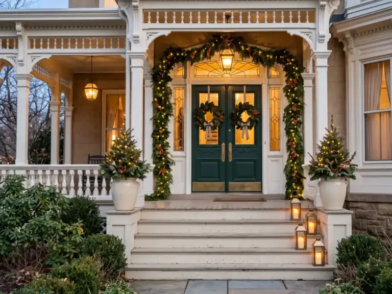 Deep green double front door of a Victorian house framed by a lit magnolia and fir garland, matching wreaths and brass lanterns down the steps at dusk