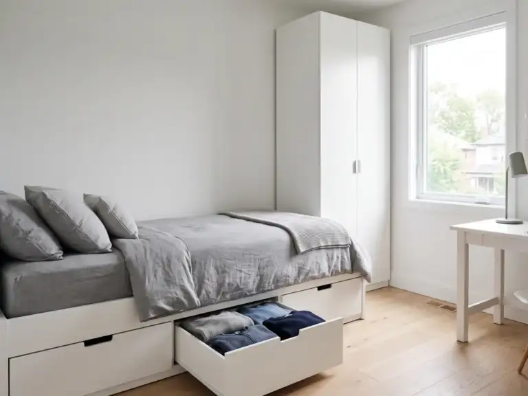 Medium minimalist teen boys bedroom in white with a platform bed on deep storage drawers, one drawer open, a tall white wardrobe and a pegboard above a clear desk
